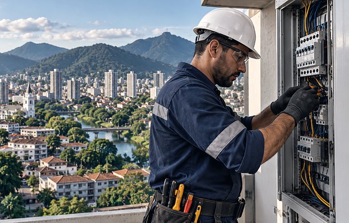 Eletricista predial trabalhando no quadro de disjuntores de um edifício, com a cidade ao fundo